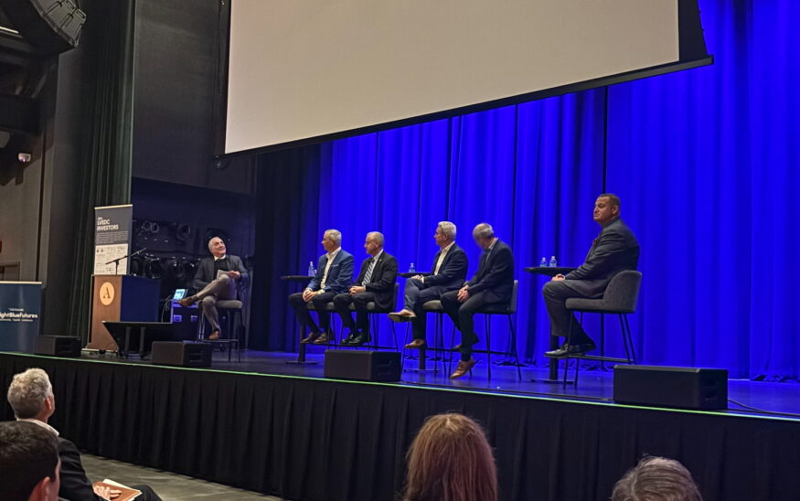 From left: Don Cunningham, president and CEO of the Lehigh Valley Economic Development Corporation holds a panel discussion with Brian Donlon, vice president and general manager of sales operations for Lutron Electronics; David Hartzell, Sr., president and CEO of Mack Defense; Richard Reynolds, president of medical systems operations for Olympus Corporation of the Americas; Thomas Ripsam, president and CEO of C.F. Martin & Co.; and Peter Ruggiero, president and CEO of Crayola.