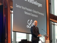 David VonDielingin, vice president of global network for parenteral expansion at Eli Lilly, speaks at the LVEDC’s annual meeting in Bethlehem. PHOTO/STACY WESCOE