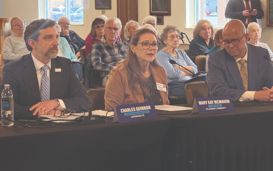 Chuck Quinnan, of LeadingAge PA, and Mary Kay McMahon, of Fellowship Community in Whitehall, testify before the PA Senate Democratic Policy Committee for its public hearing on Nursing Home Stability and Costs. PHOTO COURTESY OF LEADINGAGE PA