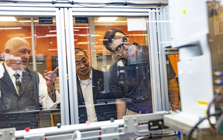 Stephen Maund, left, and Li Bai, center, are leading the new partnership between Temple and Demco Automation. Kyle McGinley, right, is a student who will be involved in the research. PHOTO/RYAN S. BRANDENBERG